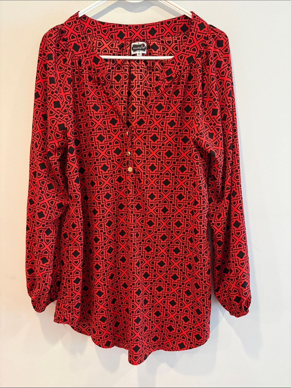 Mud Pie Red and Black Geometric Print Blouse ptp 20 length 31
